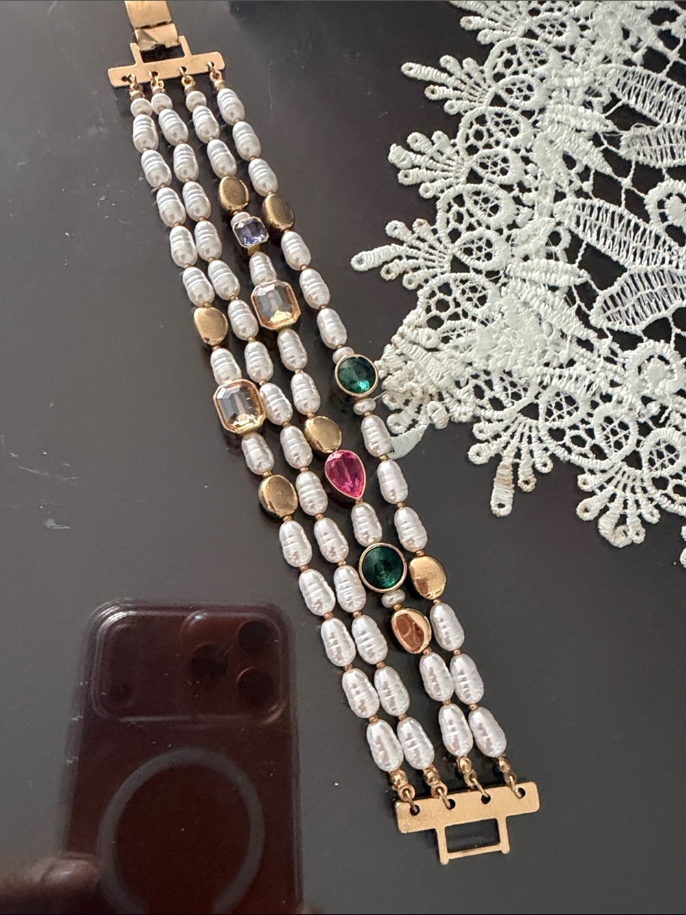 Gold & White Pearl Multi-Strand Bracelet with Colored Gem Accents